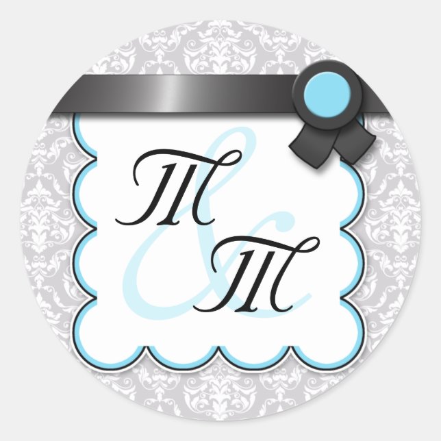 Aqua Blue & Gray Damask Doppelmonogram Stickers (Vorderseite)