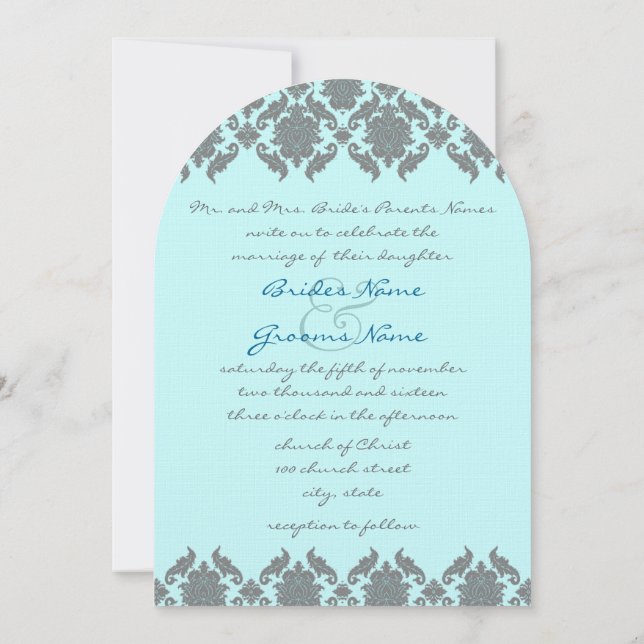 Aqua Blue Gray Damask Einladung Hochzeit (Rückseite)