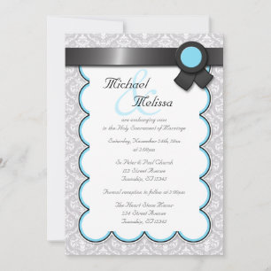 Aqua Blue & Gray Damask Hochzeitseinladungen Einladung