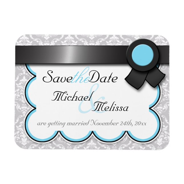 Aqua Blue & Gray Damask Save the Date flaches Magn Magnet (Horizontal)