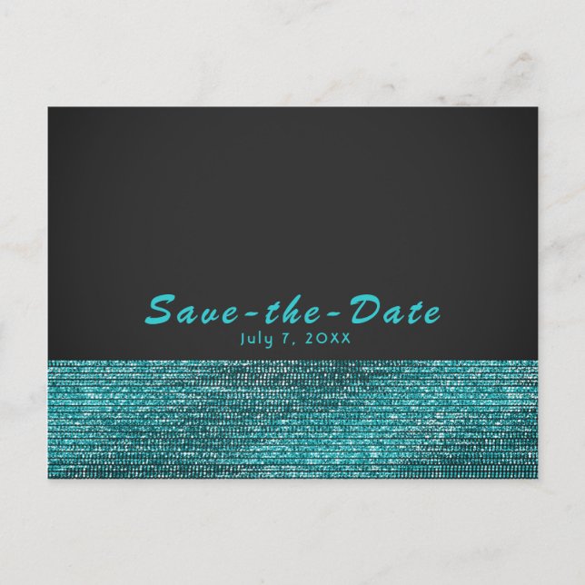 Aqua Blue & Gray Modern Glam Sequins Save the Date Ankündigungspostkarte (Vorderseite)