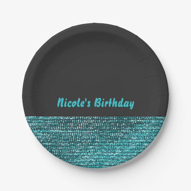 Aqua Blue & Gray Moderne Glam Sequins Chic Party Pappteller (Vorderseite)