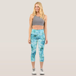 Aqua Blue Green Abstrakt Capri Leggings