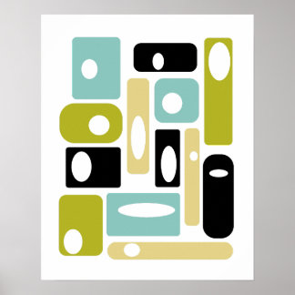 Aqua Blue Green Black Squares Mitte des Jahrhunder Poster