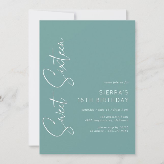 Aqua Blue-Green | Einfaches Script Sweet 16 Geburt Einladung (Vorderseite)