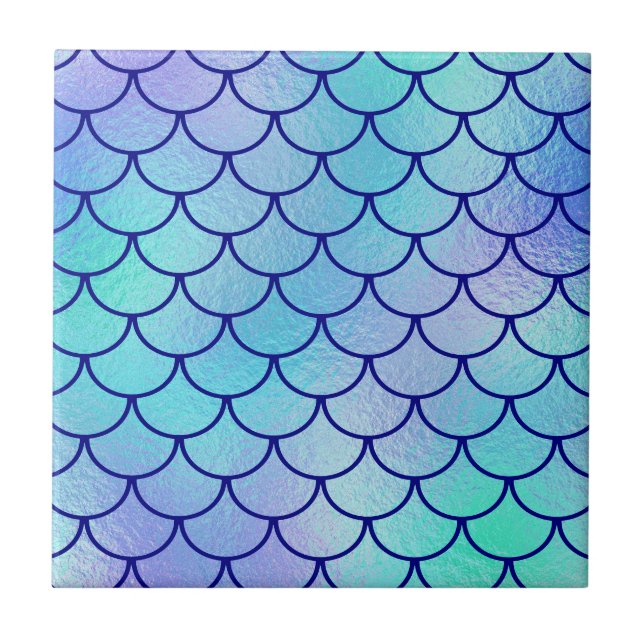 Aqua Blue Green Iridescent Mermaid Scales Fliese (Vorderseite)