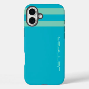Aqua Blue/Green Stripe/Solid Individuelle Name Tou iPhone 16 Plus Hülle