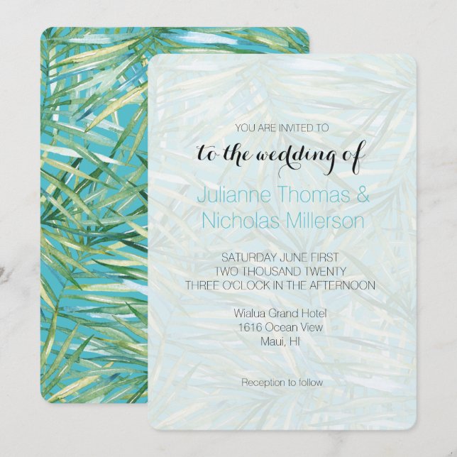 Aqua Blue Green Tropical Blätter Wasserfarbenhochz Einladung (Vorne/Hinten)