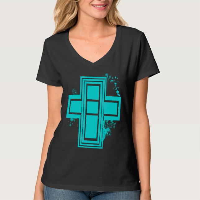 Aqua Blue Grunge Graffiti Cross T - Shirt (Vorderseite)