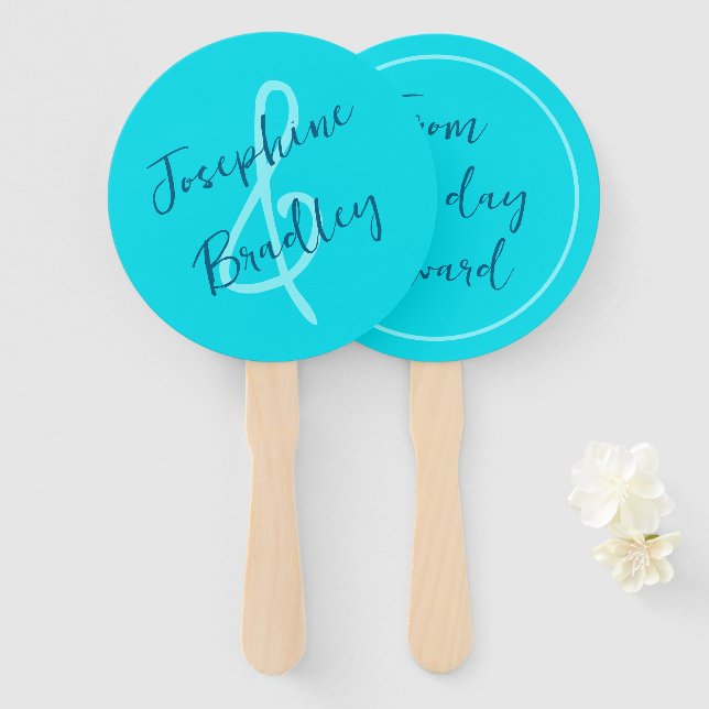 Aqua Blue Heart Shaped Wedding Fans Fächer (Vorne und Hinten)