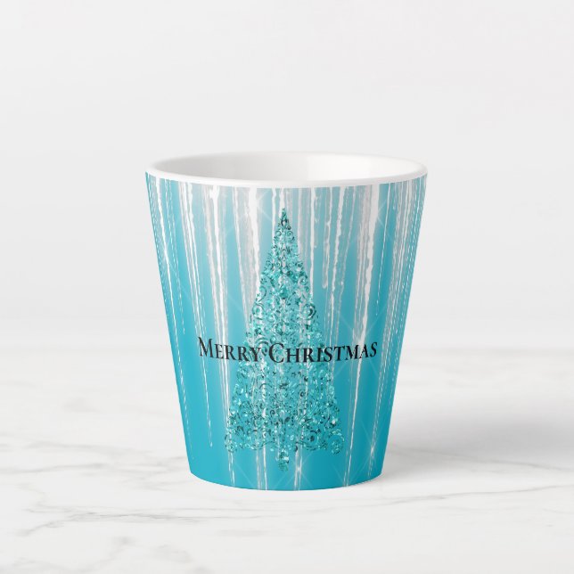 Aqua Blue Icicles Sparkle Christmas Tree Milchtasse (Vorderseite)