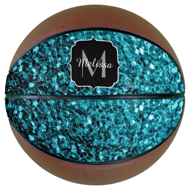 Aqua Blue Imitats Glitzer Glitzern Monogram Name Basketball (Vorderseite)