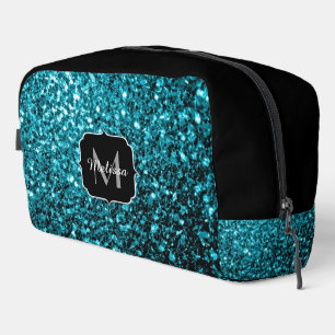 Aqua Blue Imitats Glitzer Glitzern Monogram Waschbeutel