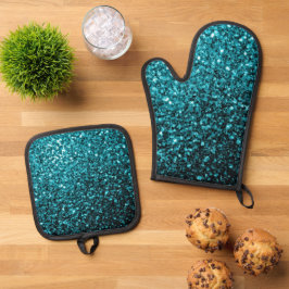Aqua Blue Imitats Glitzer Glitzern Ofenhandschuh & Topflappen-Set