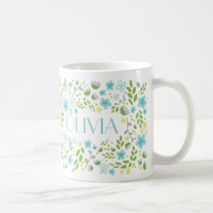 Aqua Blue Individuelle Name Hübsch Floral Girl Tas Kaffeetasse