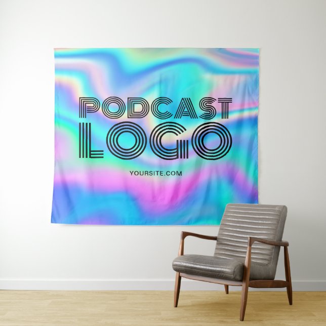 Aqua Blue Iridescent Rainbow Modern Podcast Logo Wandteppich (Beispiel (Horizontal))