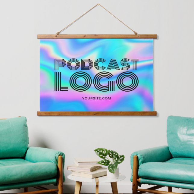 Aqua Blue Iridescent Rainbow Modern Podcast Logo Wandteppich Mit Holzrahmen (Wohnzimmer)