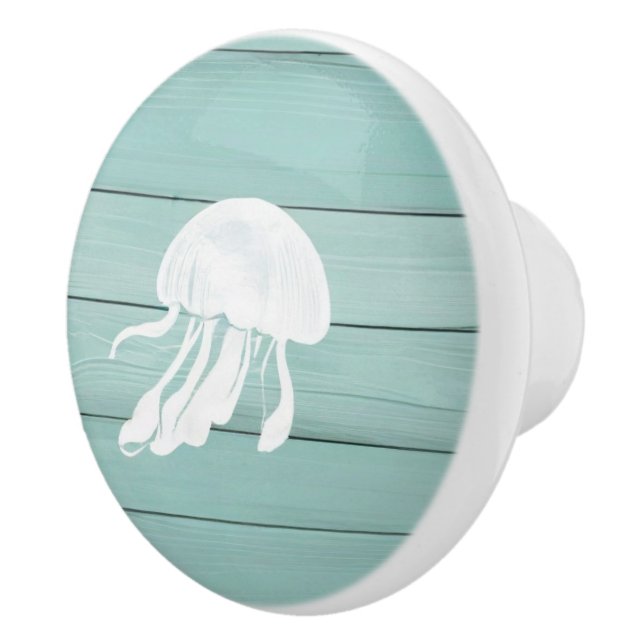 Aqua Blue Jellyfish Imitats Wood Nautical Drawer K Keramikknauf (Rechts)