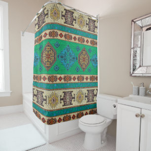 Aqua Blue Kleeblatt Green Vintag Türkisch Kilim Duschvorhang