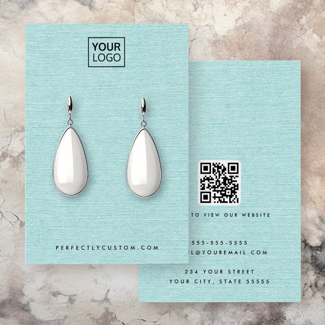Aqua Blue Leinen Look Logo QR Ohrring Display Kart (Aqua blue linen look logo QR earring display card)