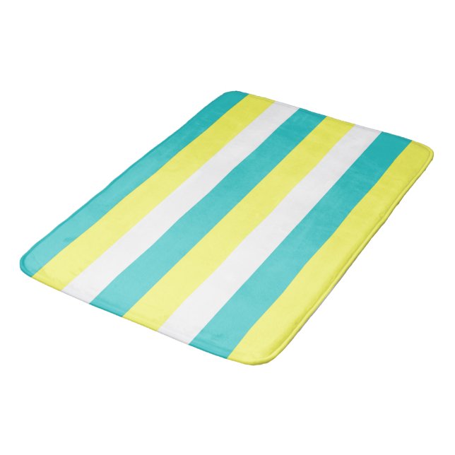Aqua Blue, Lemon Yellow und White Stripes Badematte (Schrägansicht)