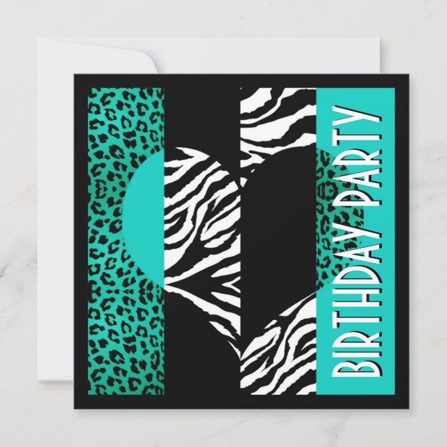 Aqua Blue Leopard Black & White Zebra Einladung (Vorderseite)