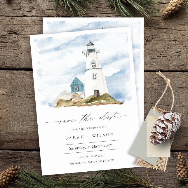 Aqua Blue Lighthouse Save the Date einladen Dankeskarte (Von Creator hochgeladen)