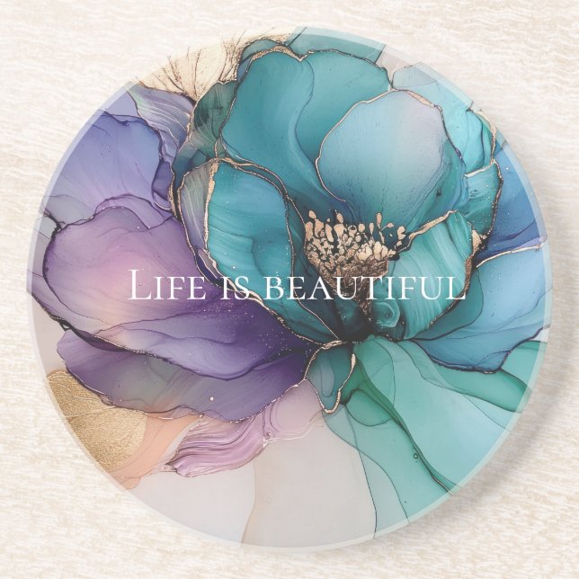 Aqua Blue Lila Gold Floral Getränkeuntersetzer (Vorne)