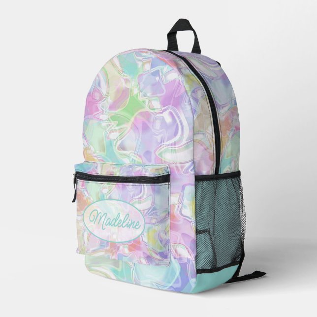 Aqua Blue Lime Green Pink Lila Art Muster Bedruckter Rucksack (Rückseitige Ecke Rechts)