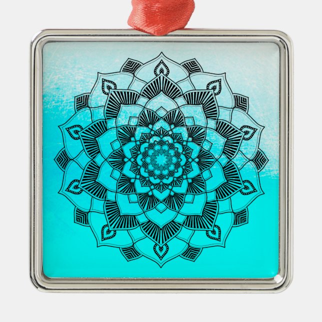 Aqua Blue Mandala Abstrakt Schöne Weihnachten Ornament Aus Metall (Vorne)