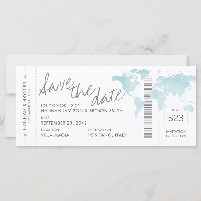 Aqua Blue Map Boarding Pass Ticket Save the Date (Vorderseite)