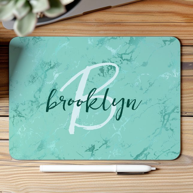 Aqua Blue Marble Foil Script Monogram Mousepad (Von Creator hochgeladen)