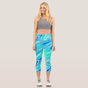 Aqua Blue Marble Textur Abstrakt Flüssig Muster Capri Leggings