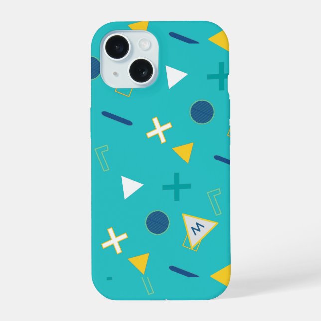 Aqua Blue Memphis Monogram iPhone 15 Hülle (Rückseite)