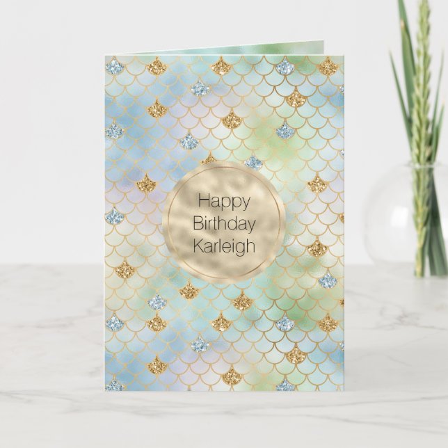 Aqua Blue Mint Gold Glitzer Mermaid Karte (Vorderseite)