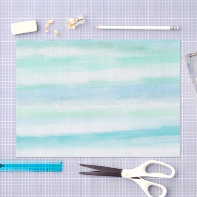 Aqua Blue Mint White Watercolor Stripes II Seidenpapier (Handwerk)