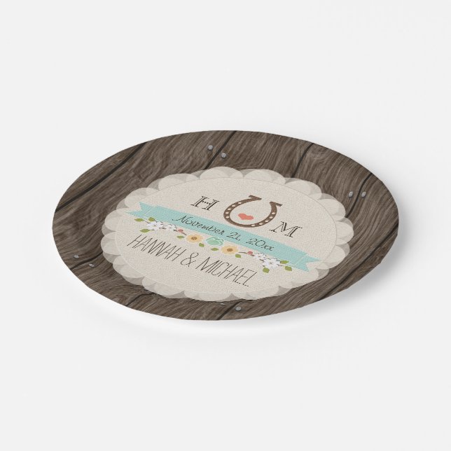 Aqua Blue Mit Monogramm Horseshoe Heart Wedding Pappteller (Schrägansicht)