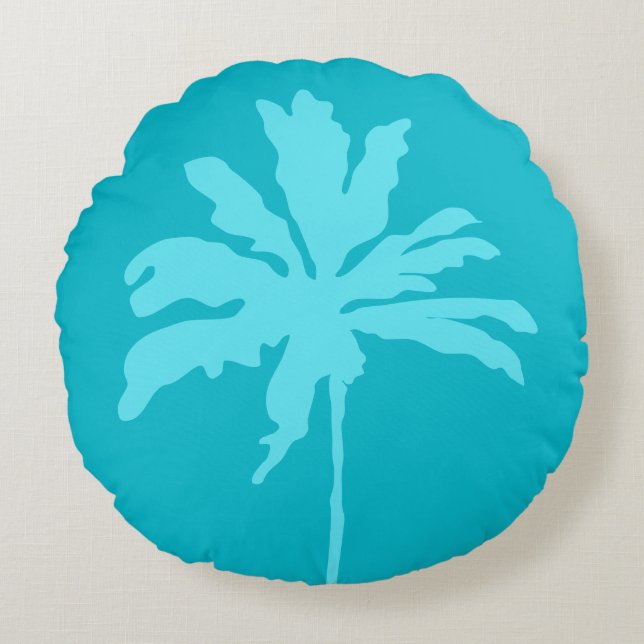 Aqua Blue Modern Tropical Palm Tree Summer Zuhause Rundes Kissen (Vorderseite)