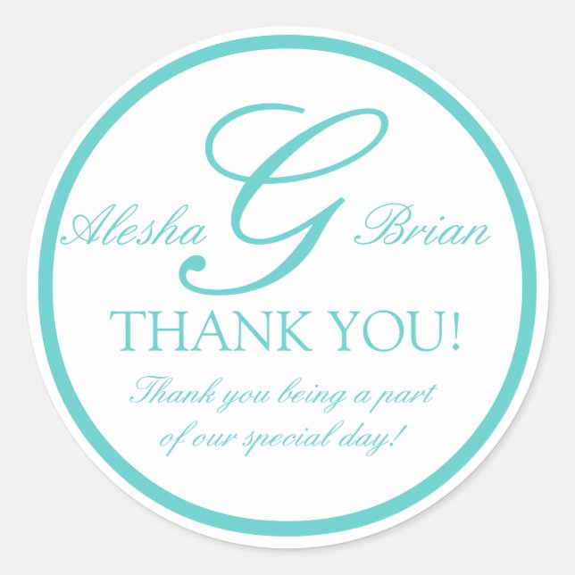 Aqua Blue Monogram G Gastgeschenk Hochzeit Sticker (Vorderseite)