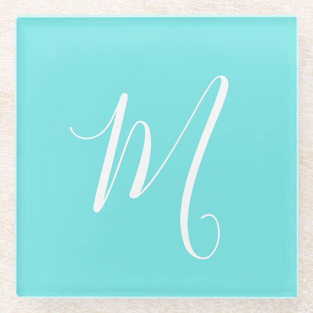 Aqua Blue Monogram Initial Glasuntersetzer (Vorderseite)
