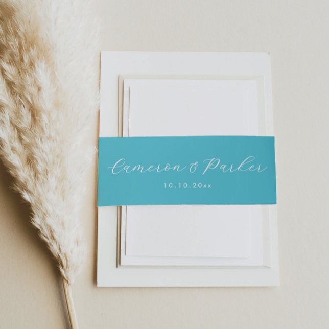 Aqua Blue Names and Wedding Date Einladungsbanderole (Aqua Blue Wedding Invitation Belly Band from Concertina Press for a Beach Wedding)