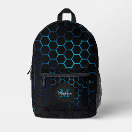 Aqua Blue Neon Honeycomb Geometrie Monogram Black Bedruckter Rucksack