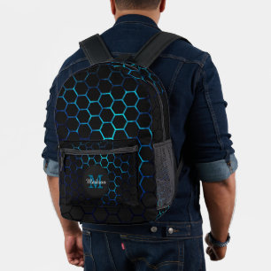 Aqua Blue Neon Honeycomb Geometrie Monogram Black Bedruckter Rucksack