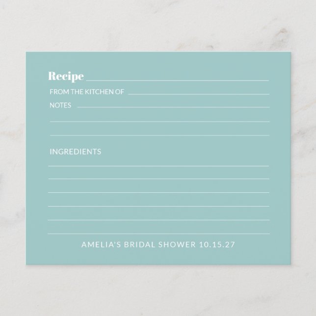 Aqua Blue Niedlich Custom Brautparty Rezept Card (Vorderseite)