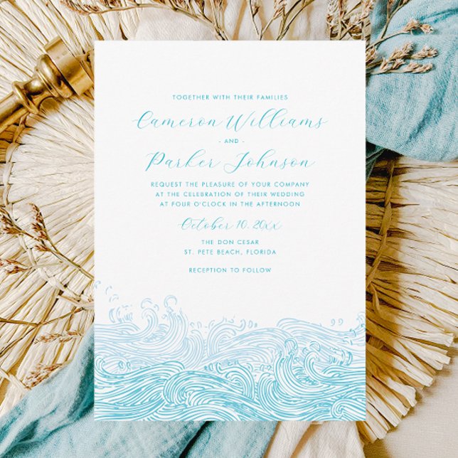 Aqua Blue Ocean Waves Beach Einladung Hochzeit (Ocean Waves Beach Wedding Invitation for a Modern Aqua Blue Coastal Wedding by Concertina Press)