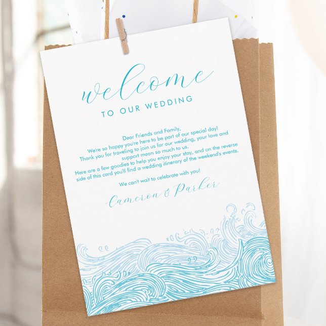 Aqua Blue Ocean Waves Hochzeitstag Begrüßungsreise Dankeskarte (Ocean Waves Beach Wedding Welcome Letter and Weekend Events Itinerary Wedding Schedule)