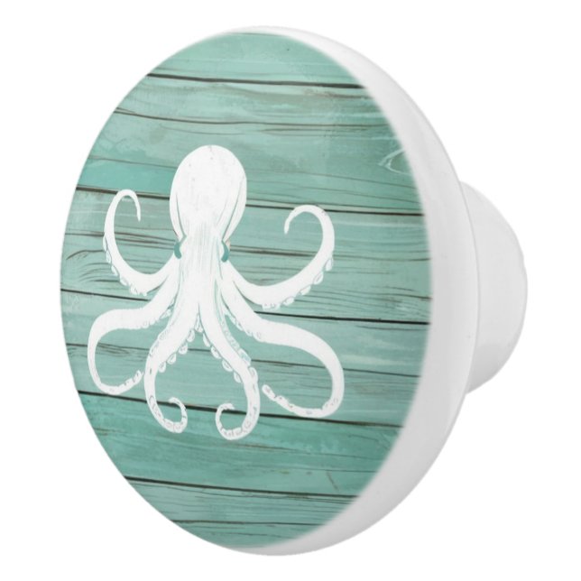 Aqua Blue Octopus Imitats Wood Nautical Drawer Kno Keramikknauf (Rechts)