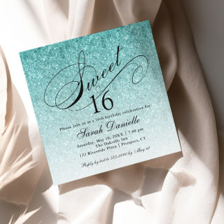 Aqua Blue Ombre Glam Glitzer Sweet 16 Square Einladung