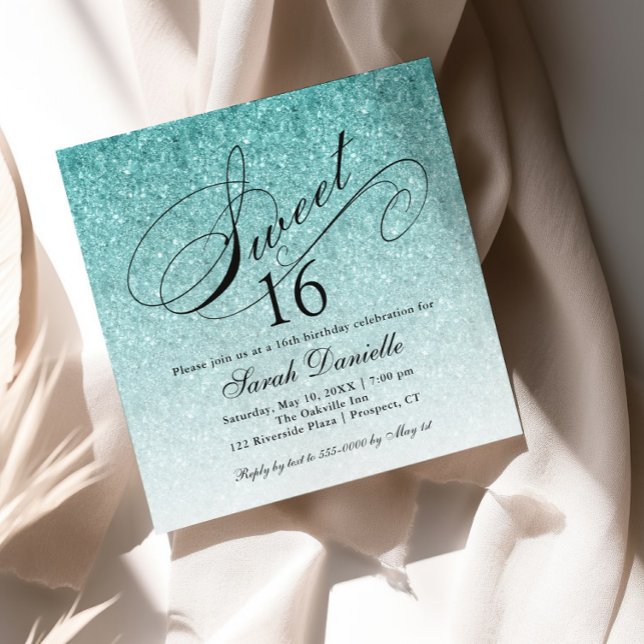 Aqua Blue Ombre Glam Glitzer Sweet 16 Square Einladung (Von Creator hochgeladen)
