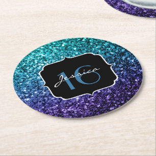 Aqua blue Ombre Glitzer Glitzern Sweet 16 Runder Pappuntersetzer
